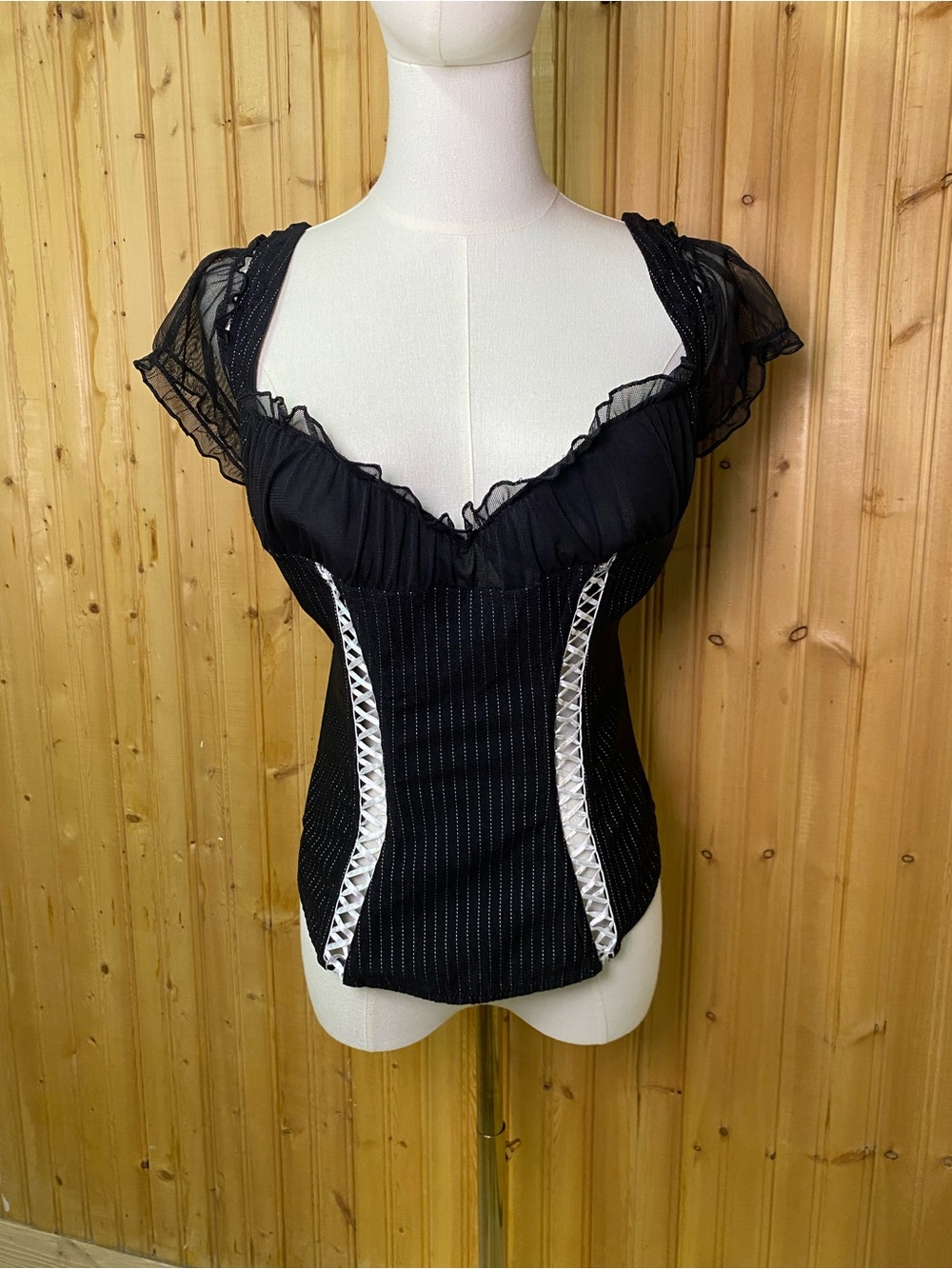 Rare Frederick’s of Hollywood Black Lace-Trim Pinstripe Women's Top